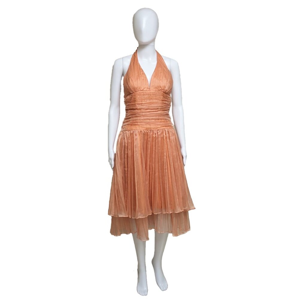 Vint. BARI JAY Pleated Organdy Cocktail Dress in Tangerine w/ Two-Tiered Skirt